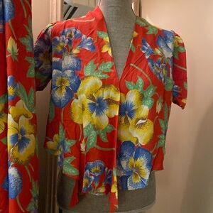 Vintage lounge set Rollins Fine Underthings Red w flowers flowy pants Small 💕💕